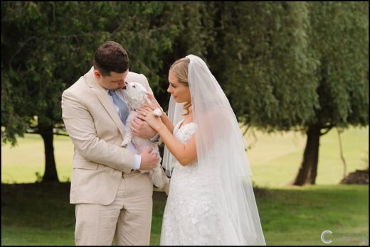 Bride and Groom with Their Dog at Pine Hills Golf Course in Frankfort, NY